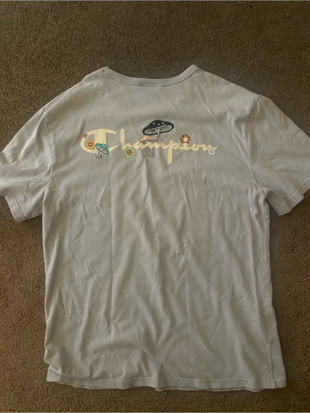 Champion Light Gray Short-Sleeve Tee with Mushroom & Floral Back Graphic